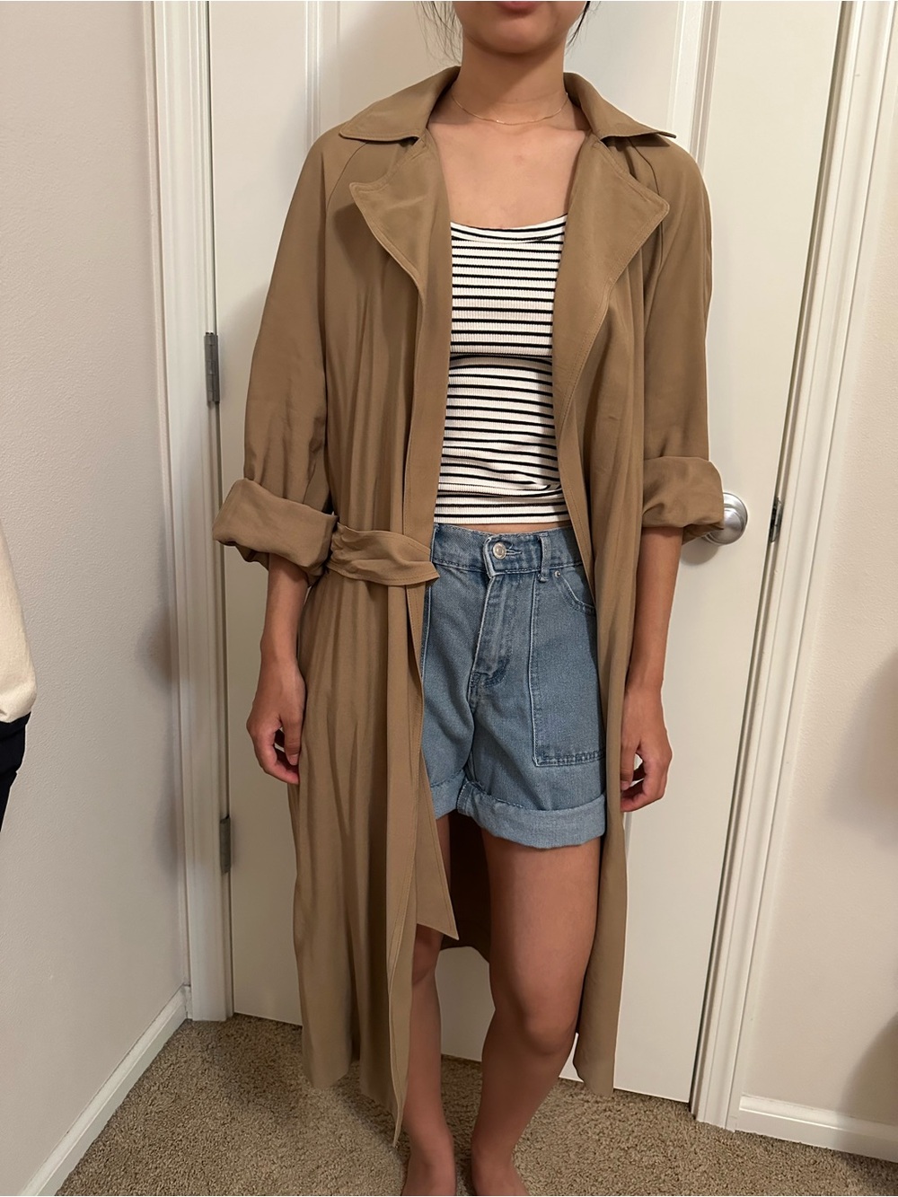 H&M Tan Long Trench Coat with Self-Tie Belt